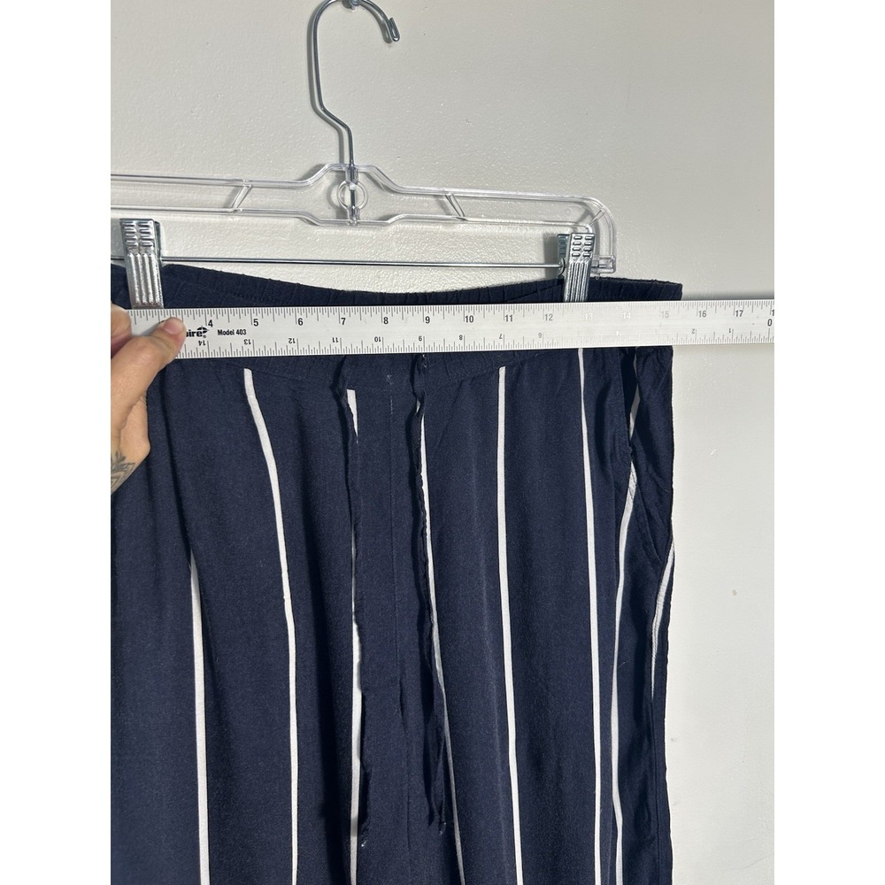 H&M L.O.G.G. Women's Navy Blue White Striped Wide Leg Linen Blend Pants Size 12 - Picture 4 of 9